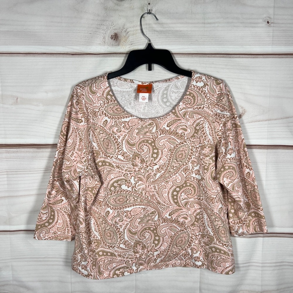 Hearts of Palm Top Women PXL Orange Beige Paisley T-Shirt Cotton 3/4 Sleeve Knit